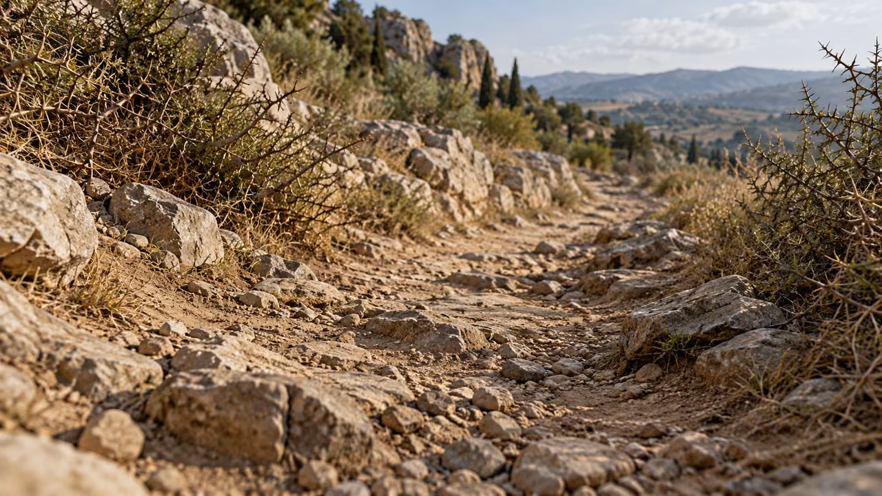 Illustrative teaching comparison: stones and thorny scrub border a rough uneven track.