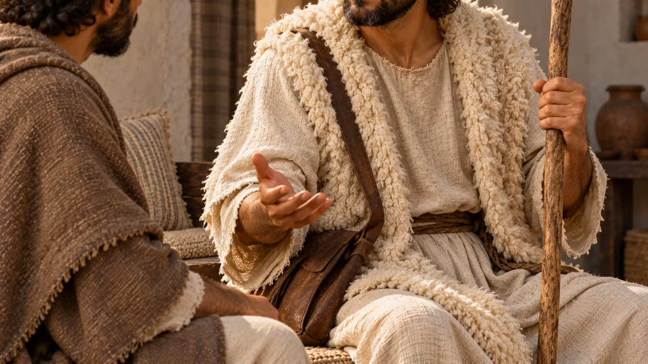 Teaching detail: the shepherd’s open hand accompanies the instruction not to fear the devil.