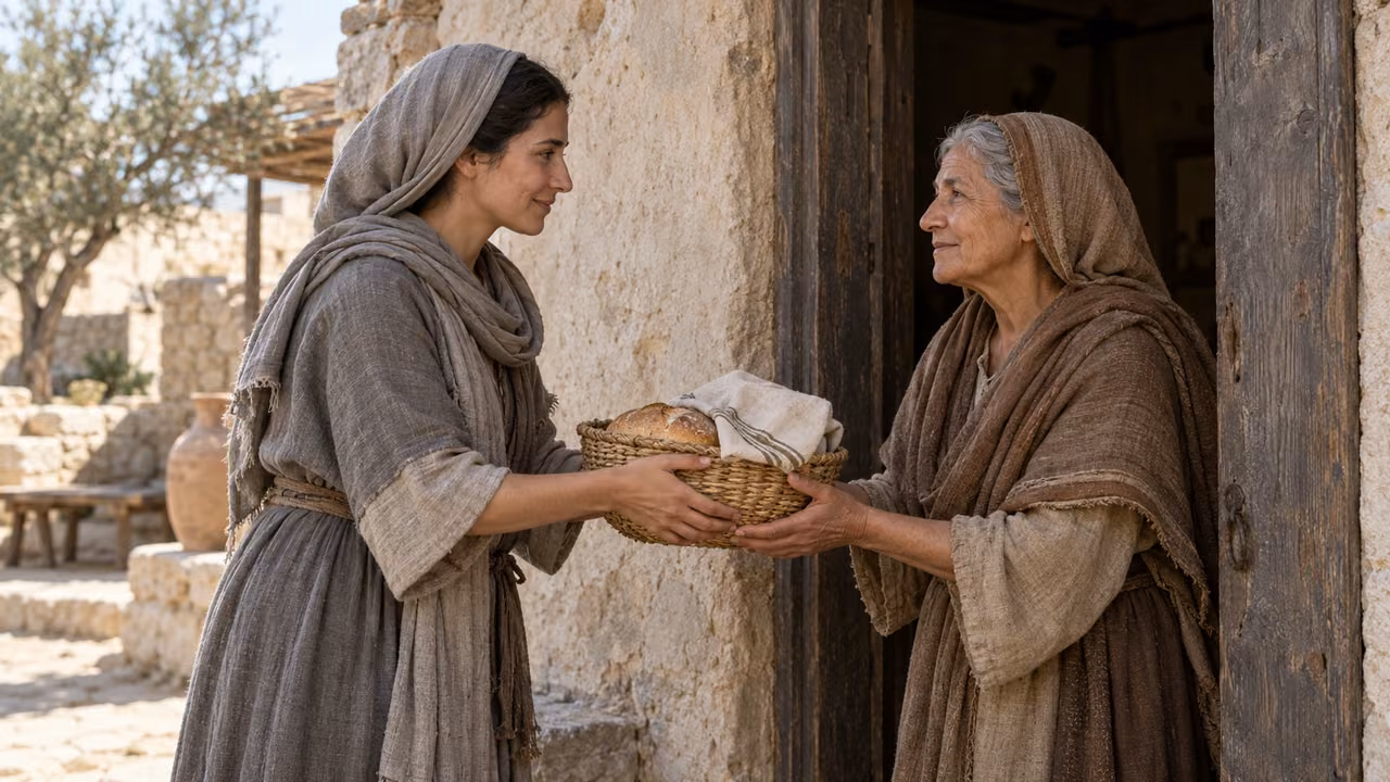 Illustrative teaching reflection: an unnamed adult offers an older woman ordinary provisions.