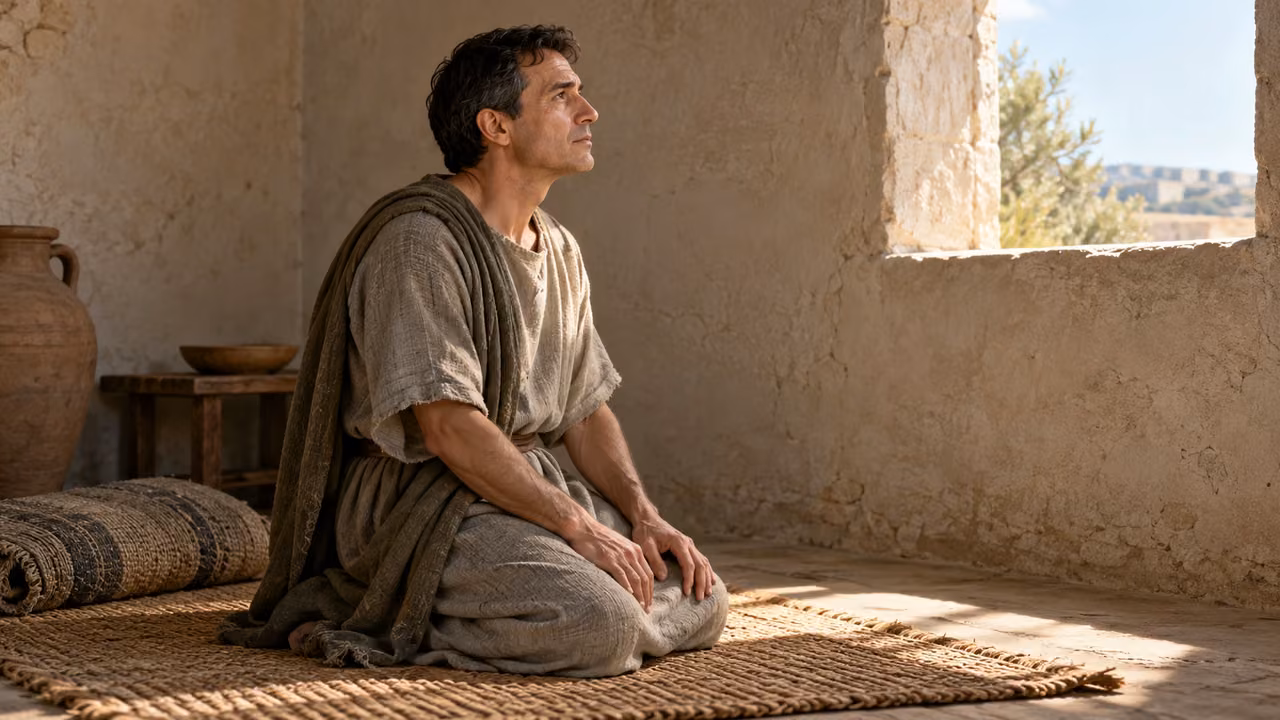 Illustrative teaching reflection: an unnamed adult kneels quietly beside a plain daylight window.