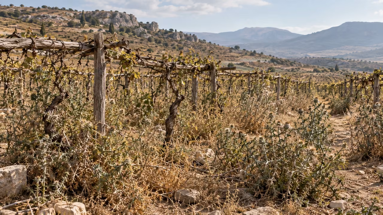 A neglected vineyard is overgrown with thorny weeds.