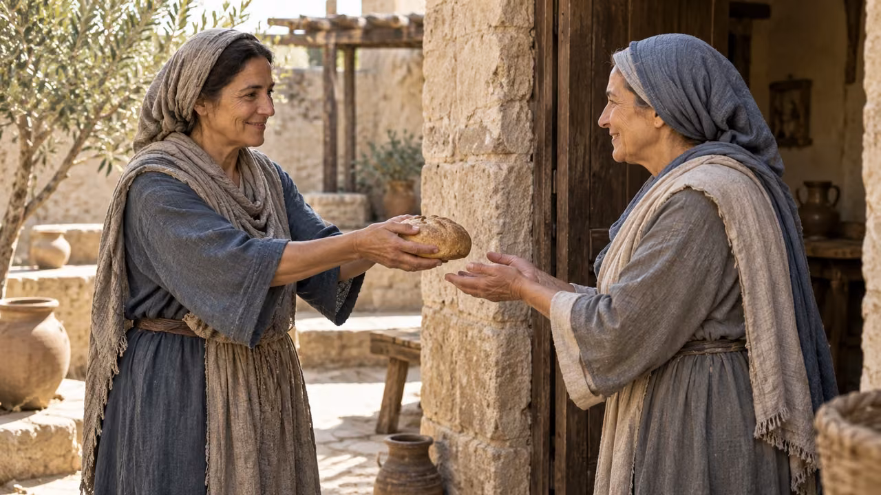 Two unnamed women share a loaf with quiet smiles.