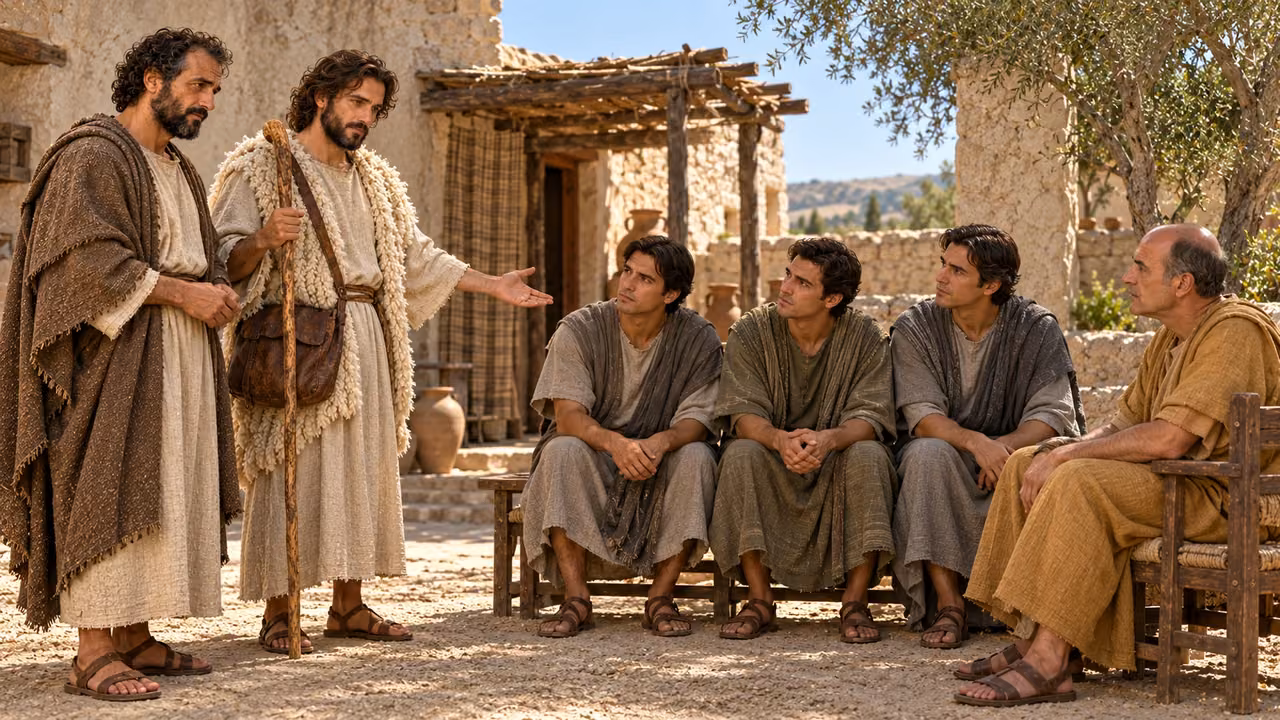 Hermas and the shepherd look toward men on a bench and another man on a chair.