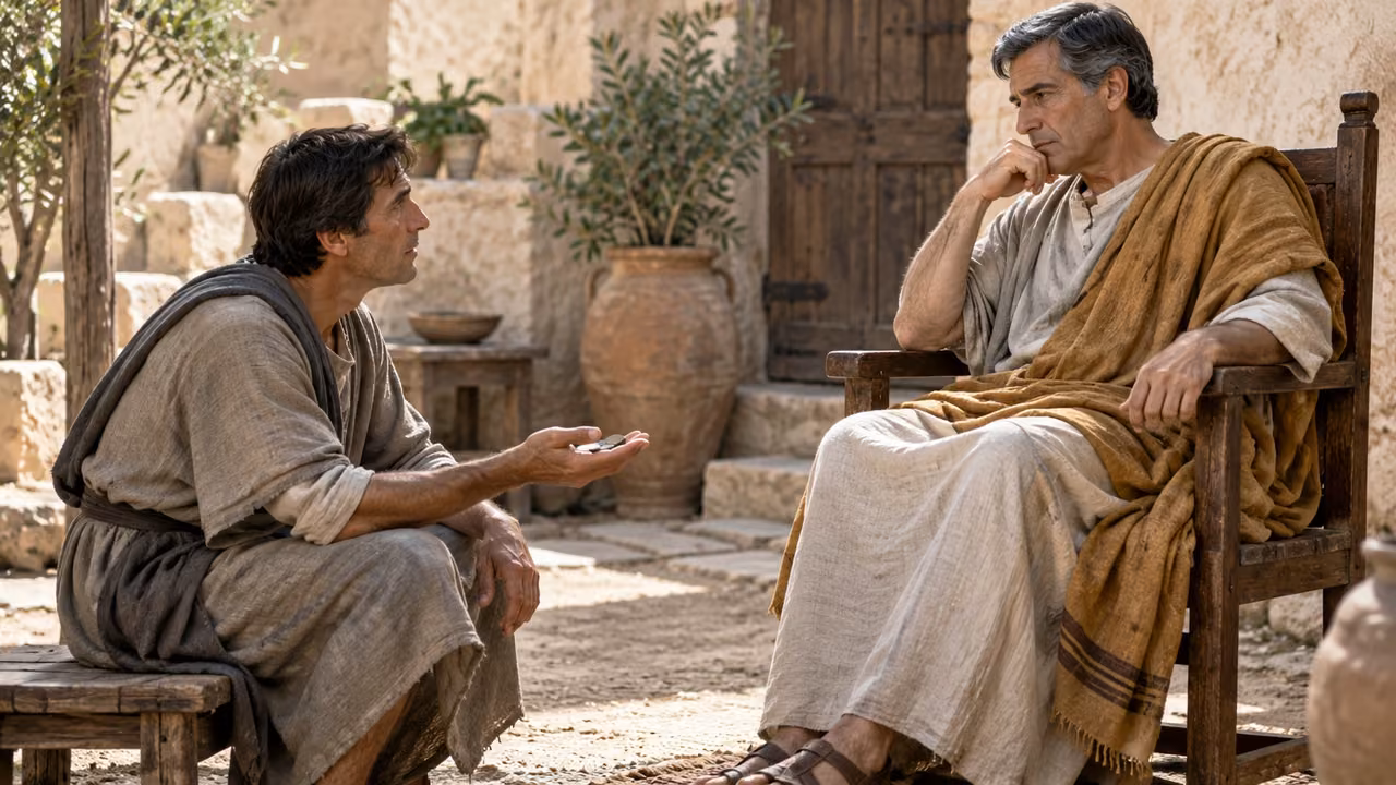 An unnamed man offers coins to a man on a chair.