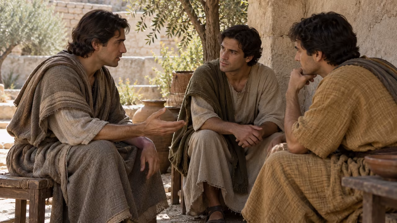 Three unnamed men hold a conversation in a shaded corner.