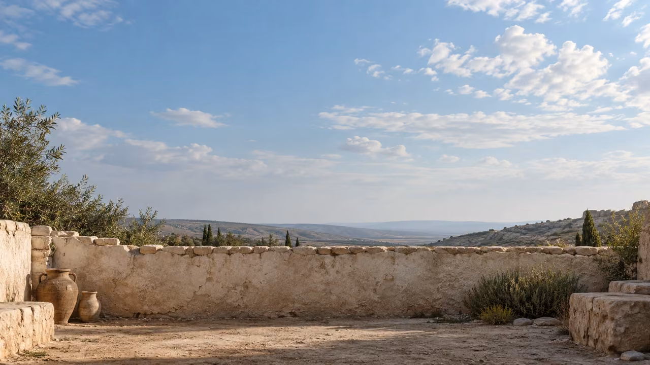 An ordinary sky above a plain courtyard wall marks a pause.