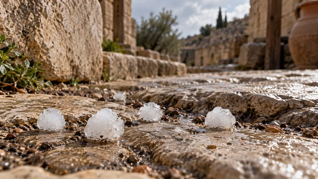 Small hail pellets rest on rough stone.