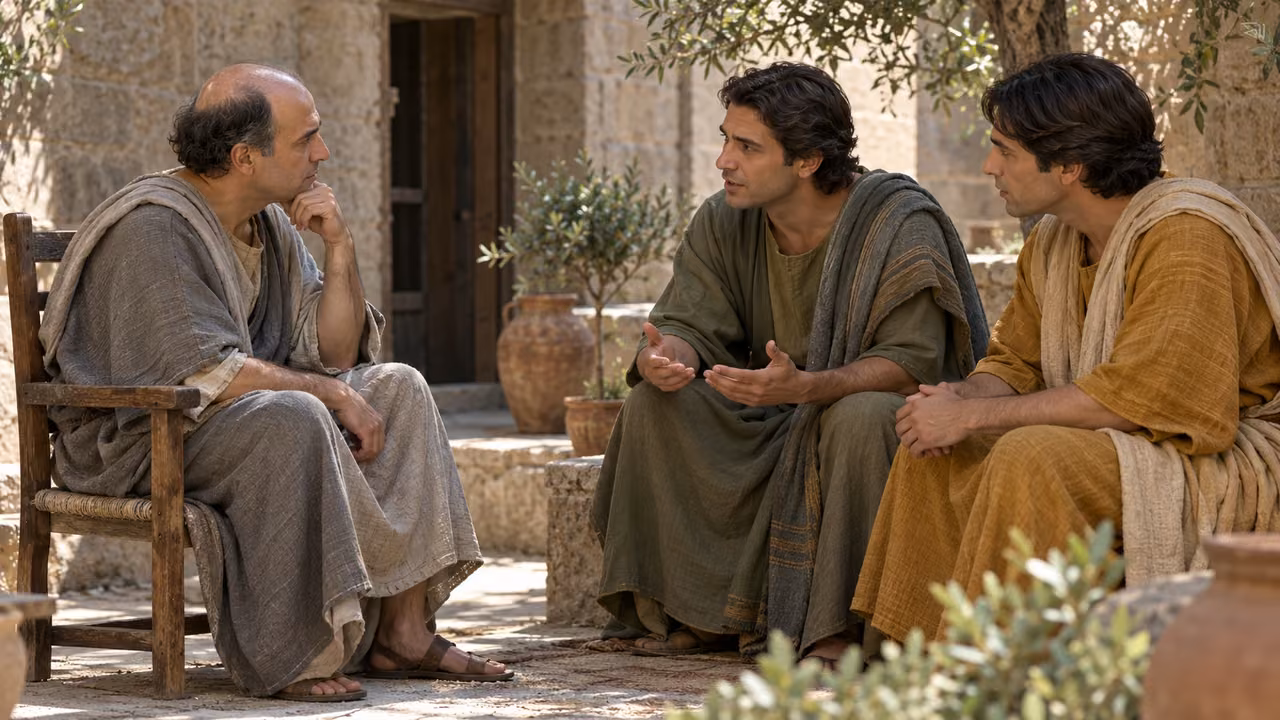 Two unnamed men question a seated speaker.