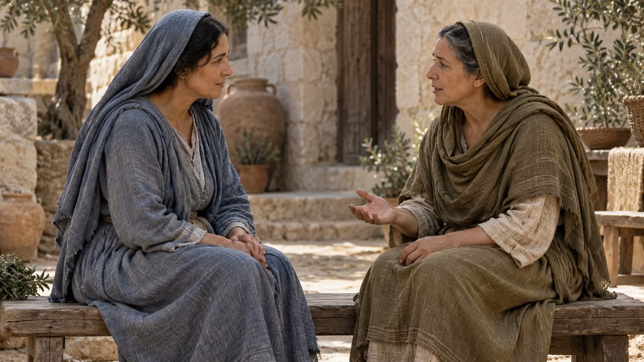 Two unnamed women speak quietly at equal height.