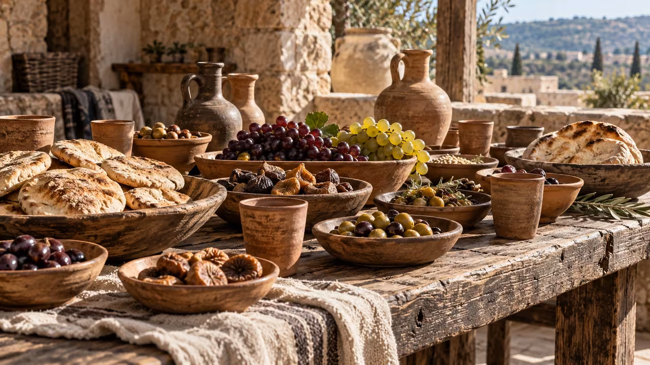 Crowded dishes and vessels accompany the warning about indulgence.
