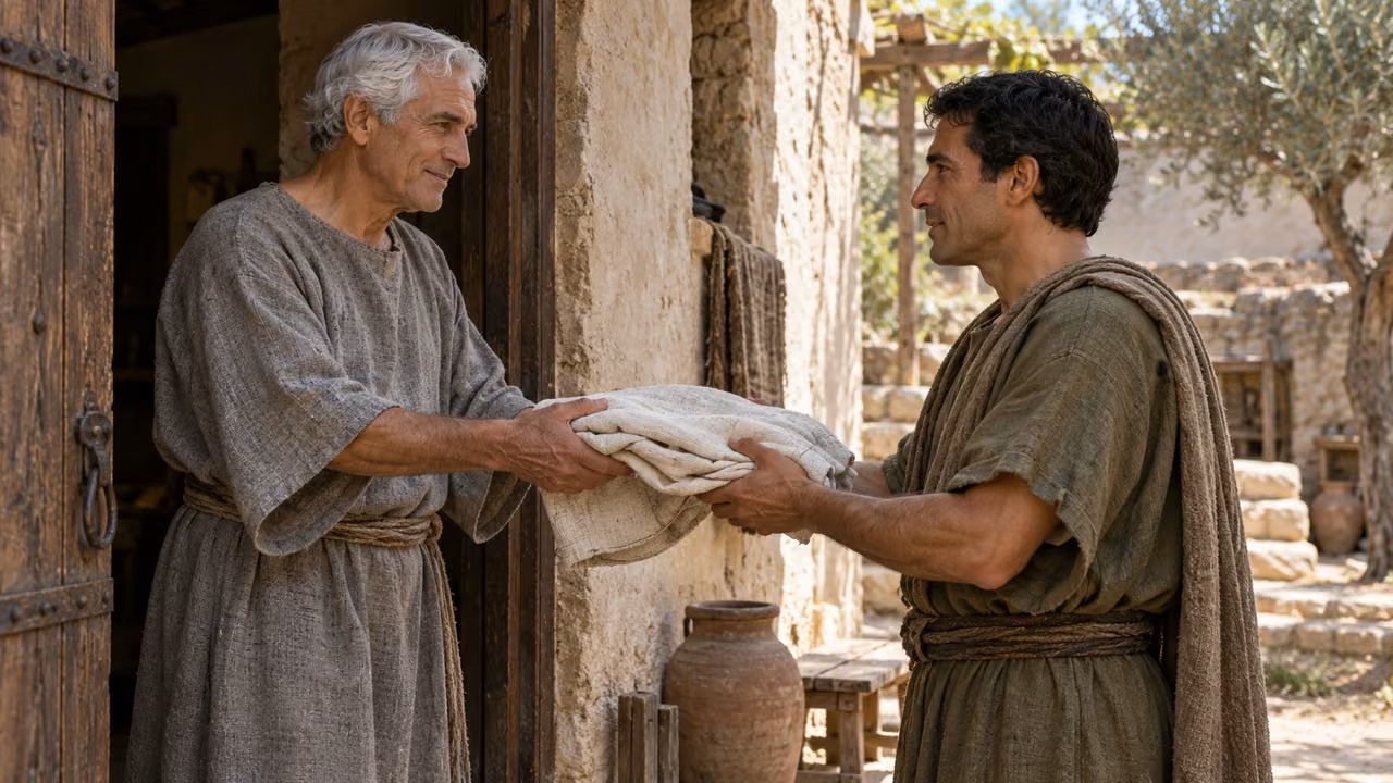 Two unnamed adults share a folded linen wrap.