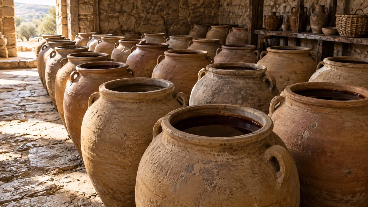 Rows of clay wine jars include full and empty vessels.