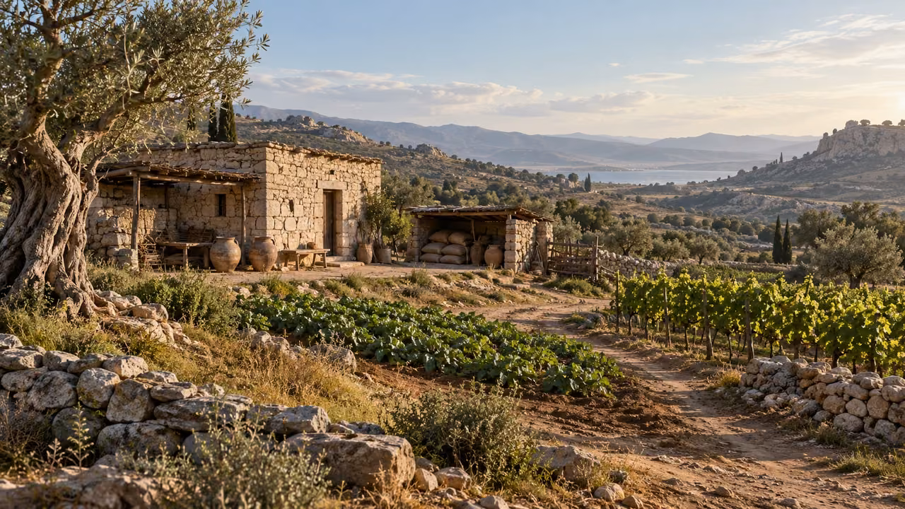 Fields and a dwelling accompany the teaching about possessions.