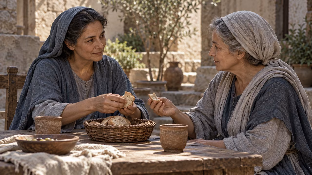 Two unnamed adults share provisions beside the continuing passage.
