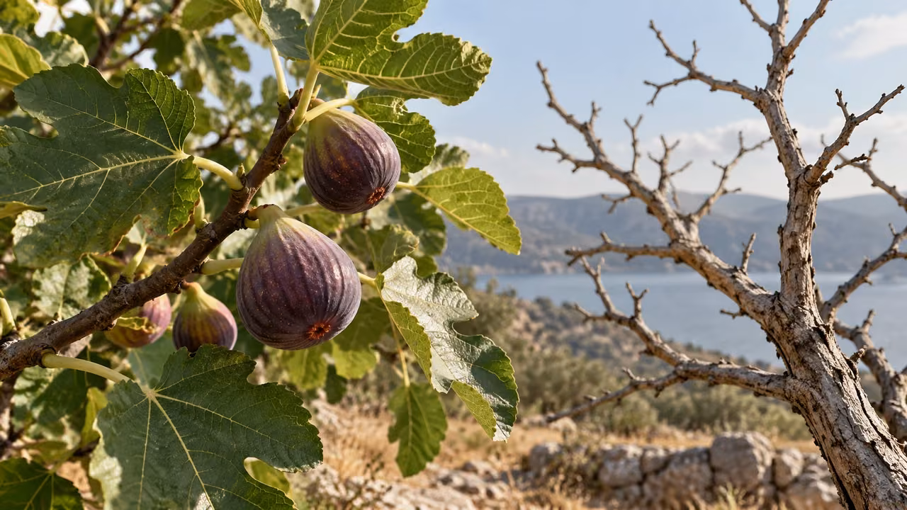 Fruit and leaves distinguish a living branch from a bare one.