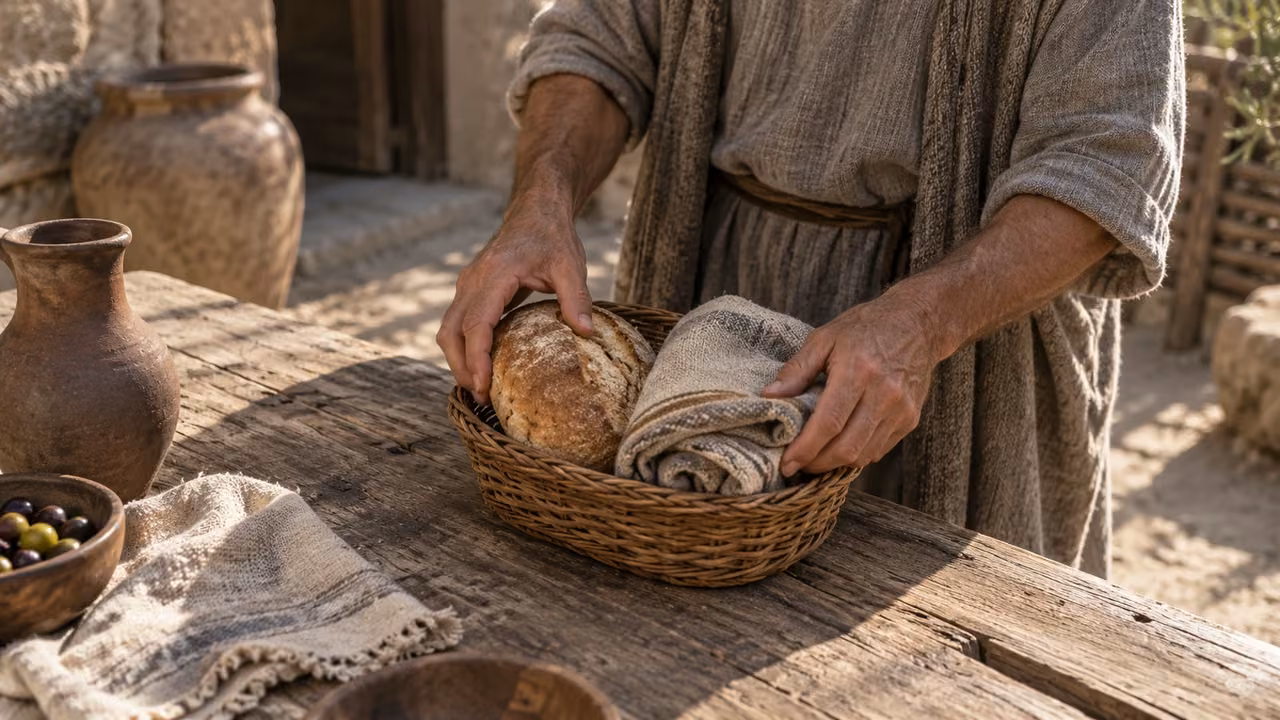 An unnamed adult arranges bread and a folded wrap in a basket.