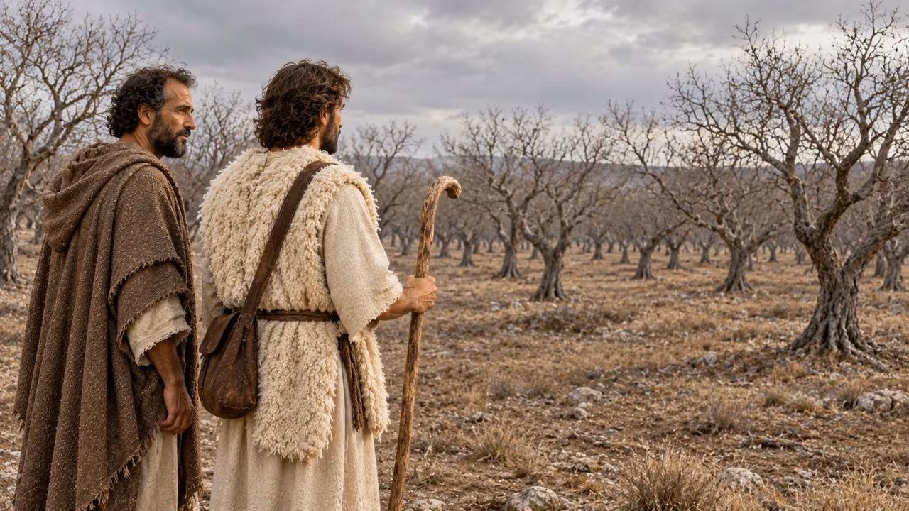 Hermas and the shepherd look toward a grove of leafless trees.