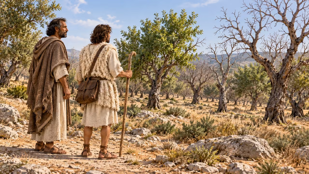 Hermas and the shepherd look at sprouting and dry trees.