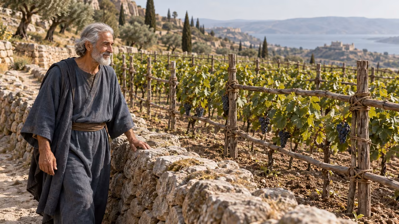 The master looks with pleasure over the worked vineyard.