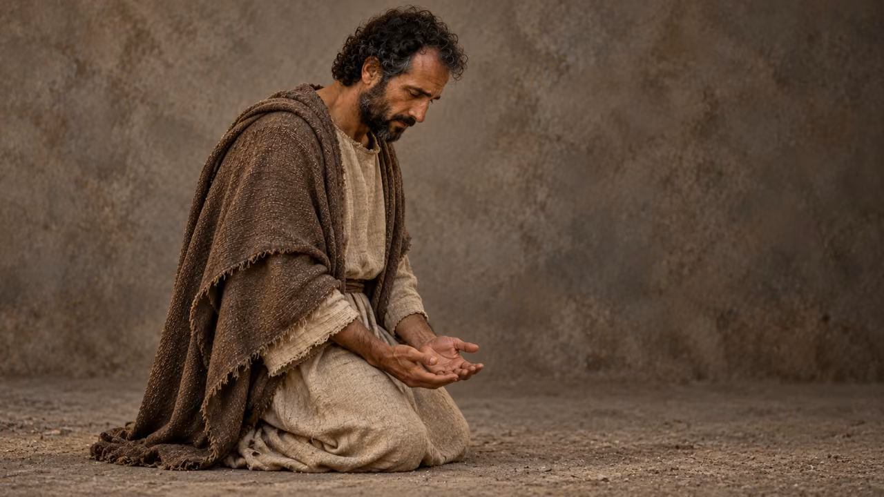 Hermas kneels alone in prayer with natural open hands.