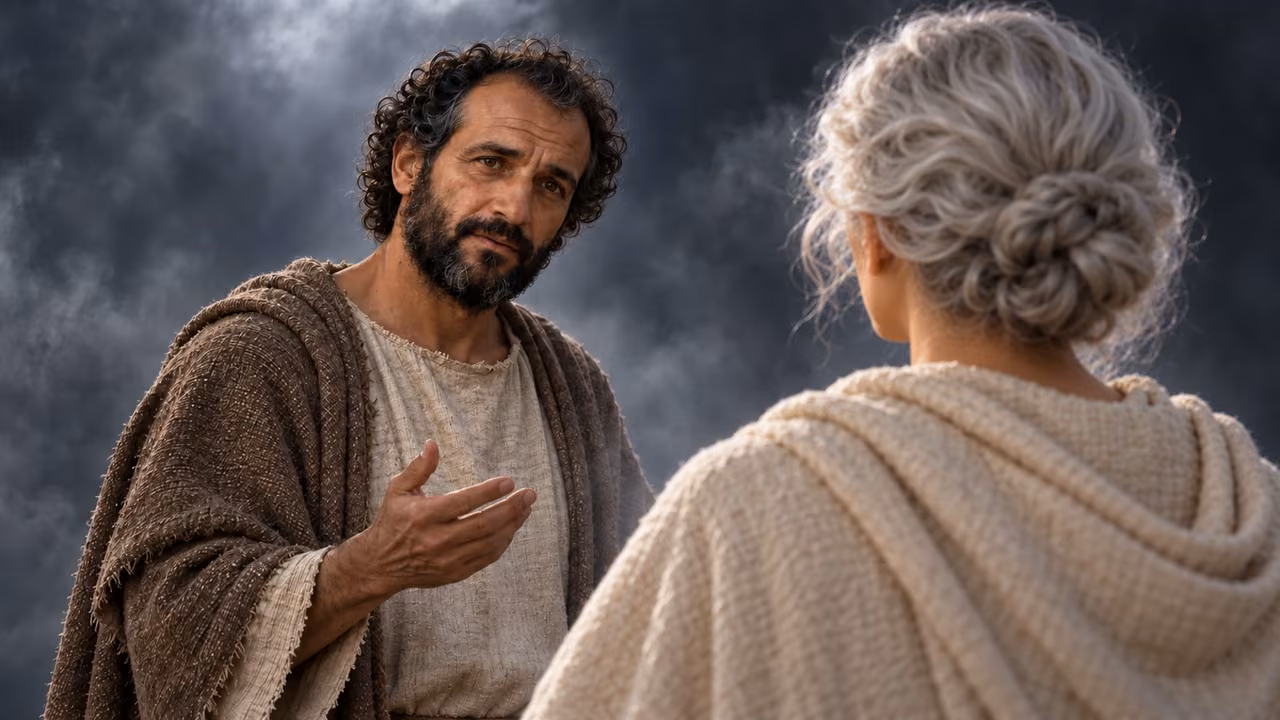 Hermas asks the young, white-haired woman a question in a reverse shoulder view.