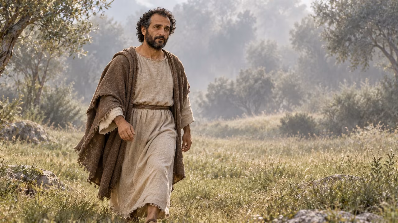 Hermas walks alone toward a secluded grassy clearing.