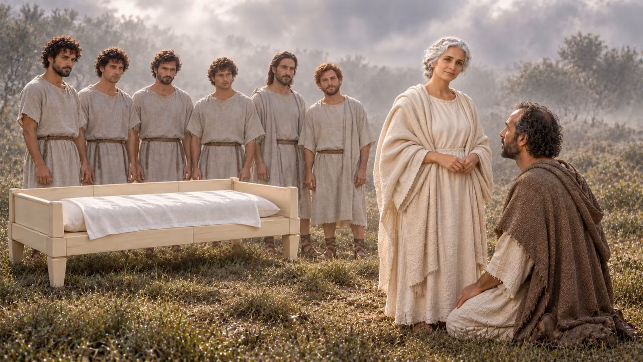 The young, white-haired woman stands beside kneeling Hermas with exactly six young men behind her.