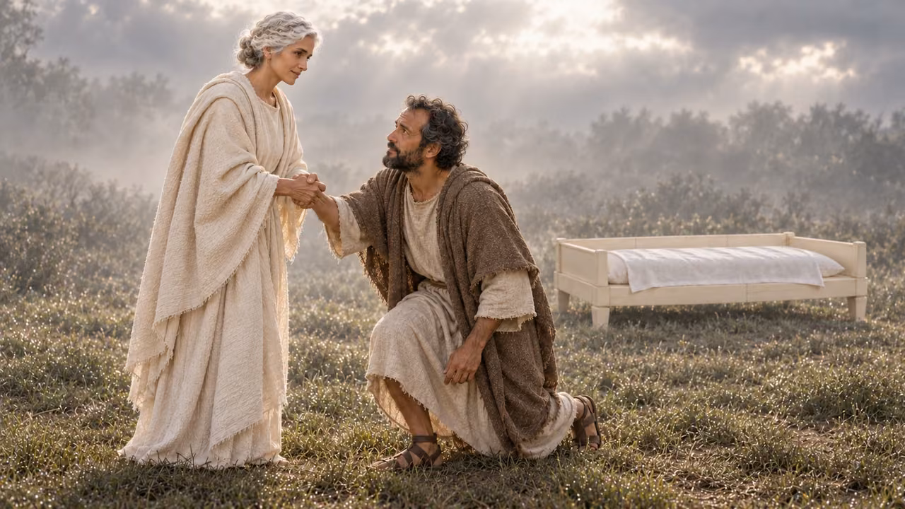 The young, white-haired woman takes Hermas by the hand as he rises from a knee.