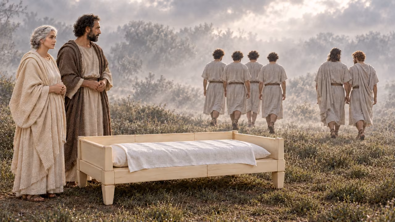 Six young men withdraw through the silver-misted field while Hermas and the woman remain beside the couch.