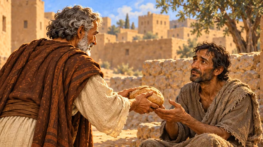 Tobit offers bread to an unnamed hungry adult.