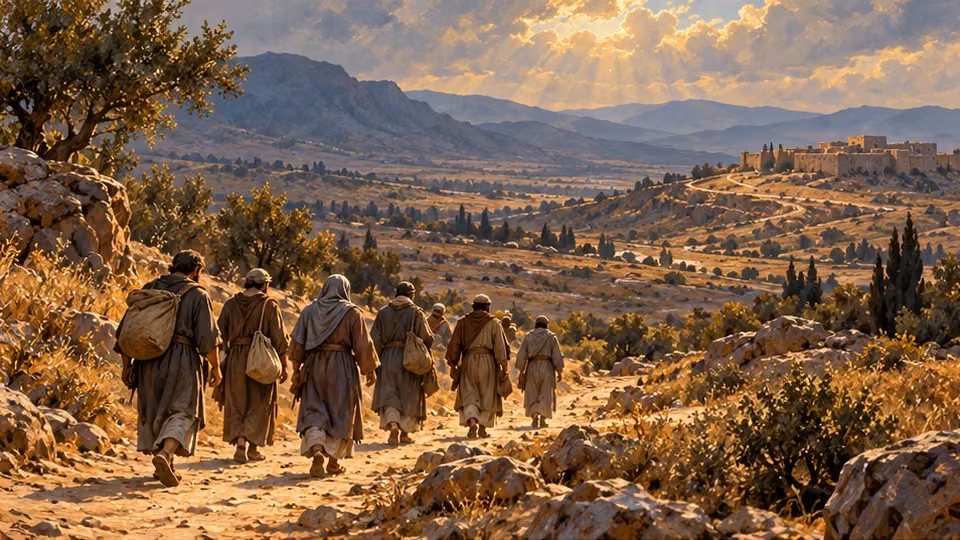 A small anonymous group walks away through a contextual captivity landscape.