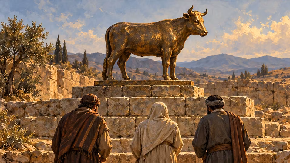 Anonymous worshippers face a bovine cult image in the remembered northern setting.