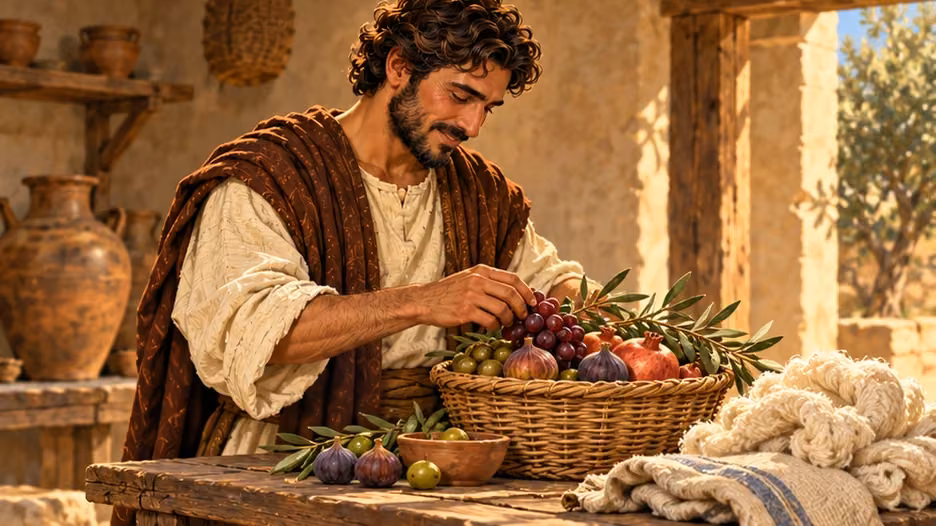 Young Tobit prepares produce and wool for his customary offerings.