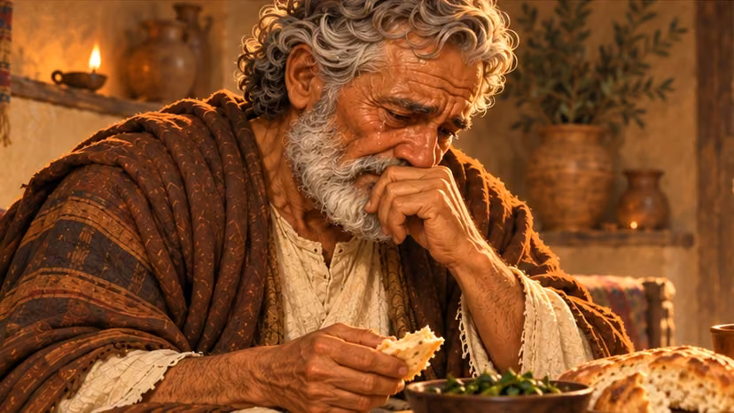 Tobit weeps over one hand while still holding bread in the other.