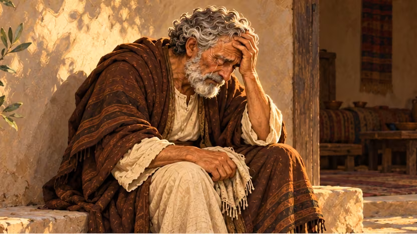 Tobit bows in grief alone in the courtyard, one hand against his brow.