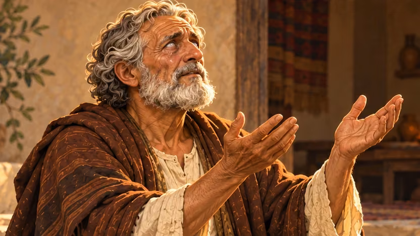 Tobit lifts his clouded eyes and empty palms in a quiet acknowledgment of the Lord’s righteousness.