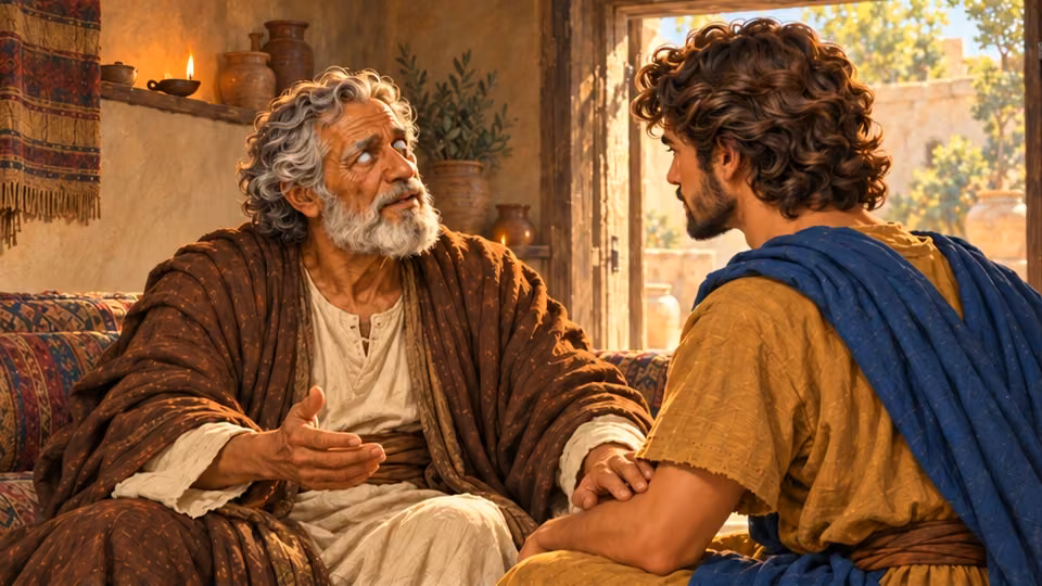Blind Tobit touches his adult son’s forearm while speaking earnestly about almsgiving; no resurrection is enacted.