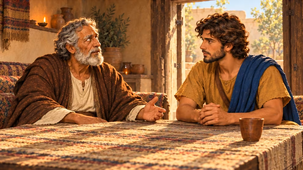 Tobit counsels his attentive adult son about marriage and kinship at a bare table; no bride or wedding is portrayed.