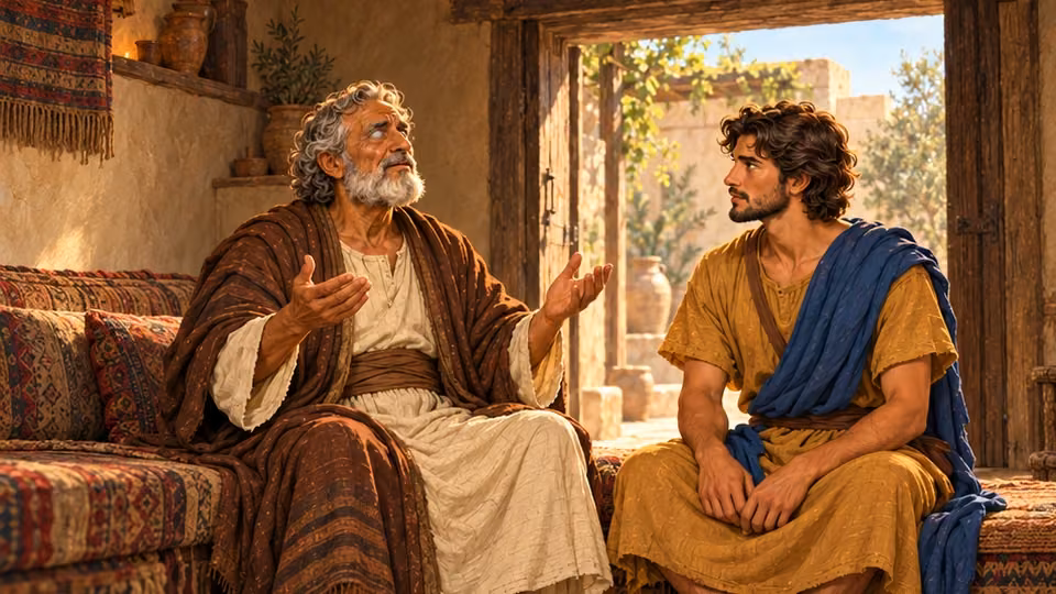 Blind Tobit quietly blesses God with open hands while his adult son listens beside him.