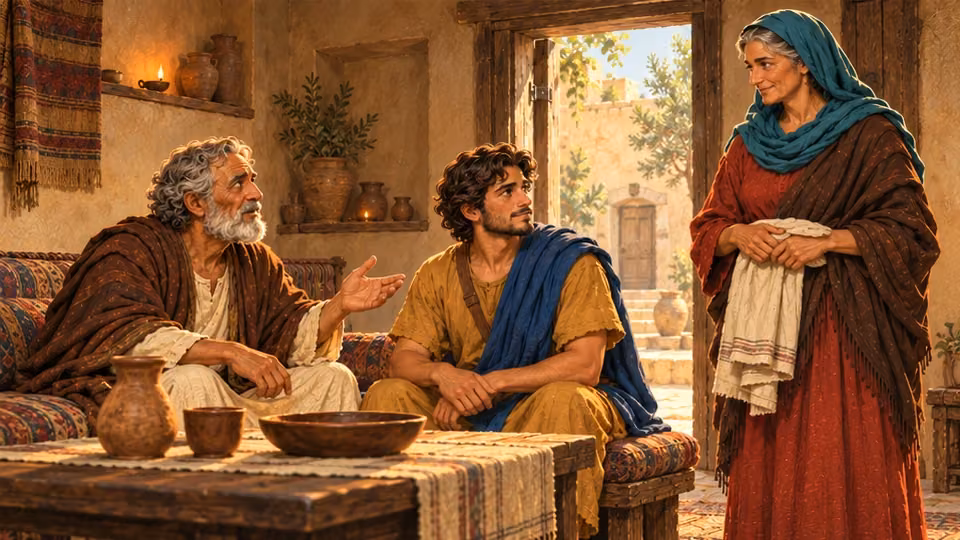 Living Anna stands with folded cloth while Tobit counsels his attentive adult son to honor her.