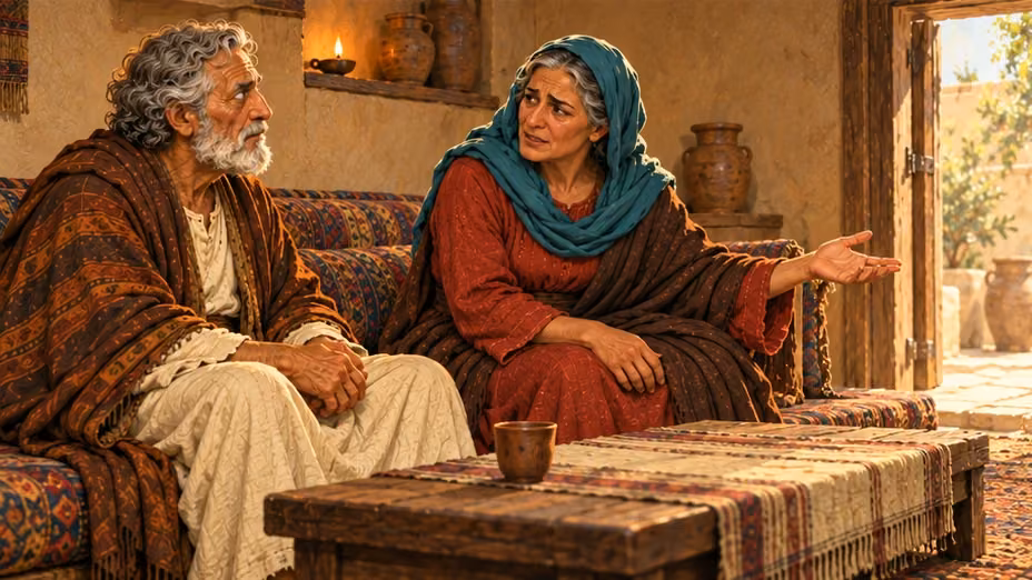 Anna gestures toward their simple home while Tobit listens, his eyes still clouded.