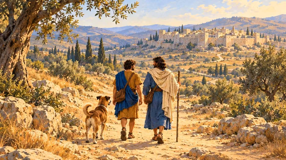 Tobias, Raphael and their dog approach a distant walled settlement along an open road without entering.