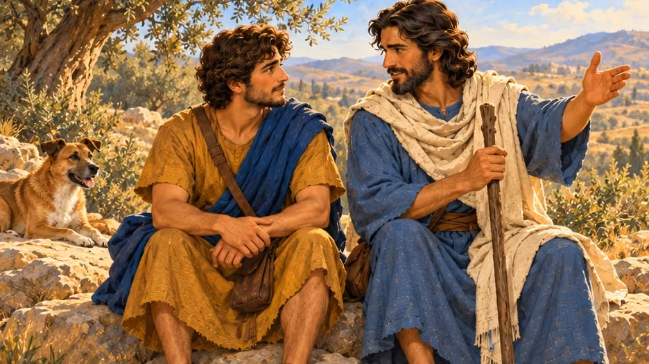 Raphael describes their prospective lodging with Raguel while Tobias listens beside the road.