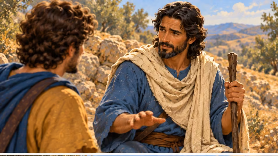 Raphael gently recalls the father’s instruction while Tobias listens.