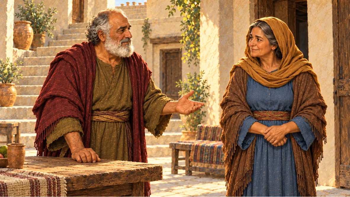 Raguel calls Edna to the courtyard table.