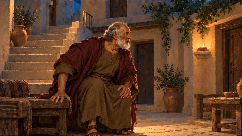 Raguel anxiously gets up from his courtyard seat at night.