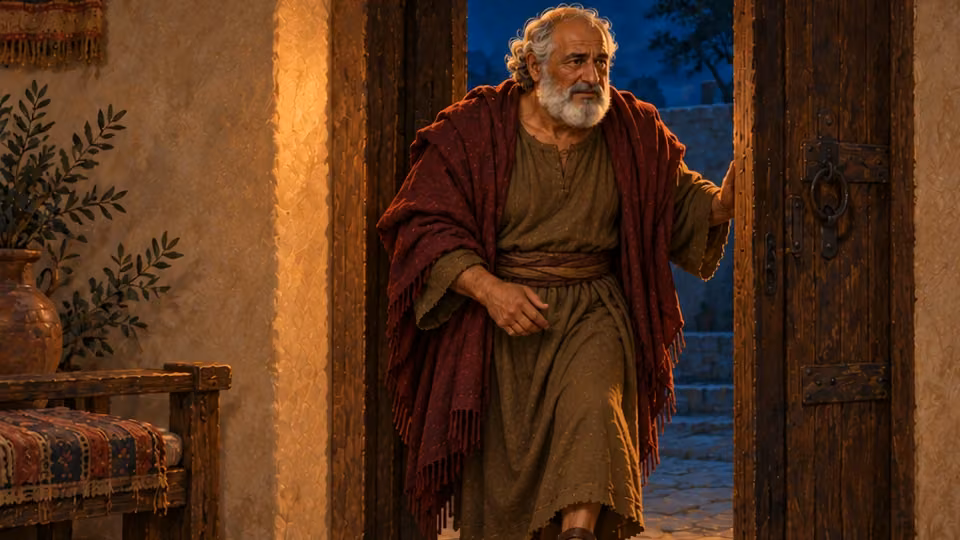 Raguel steps back through his household doorway.