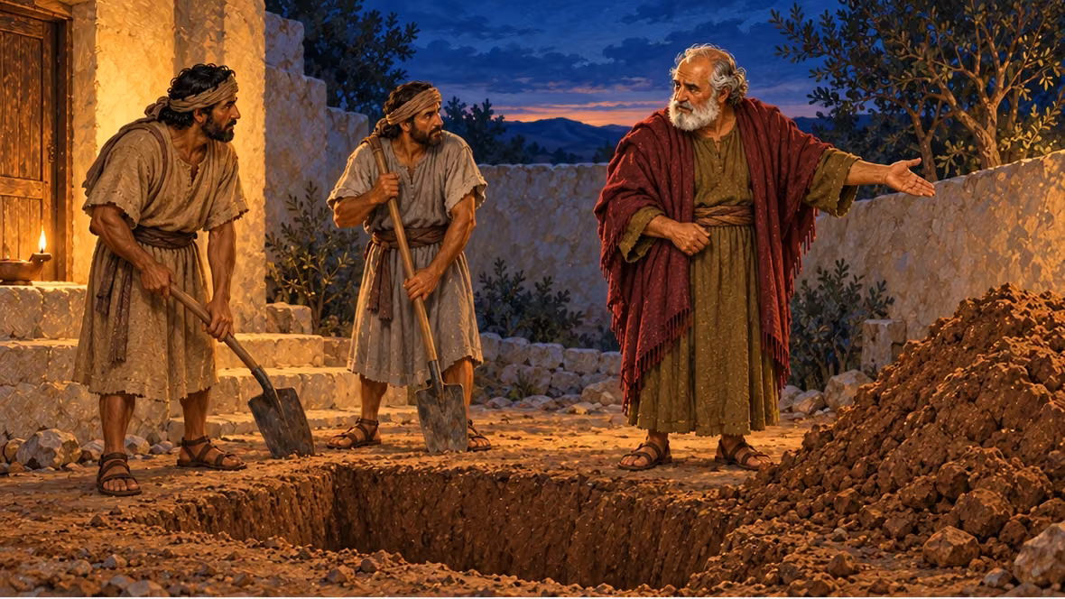 Raguel orders household workers to fill the empty grave before daybreak.