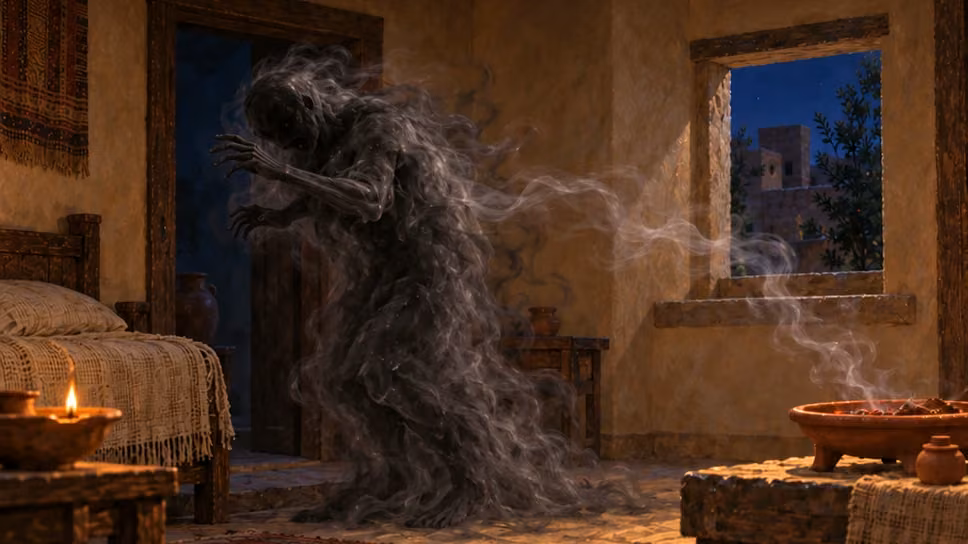 The demon recoils from the smoke and retreats toward the doorway.