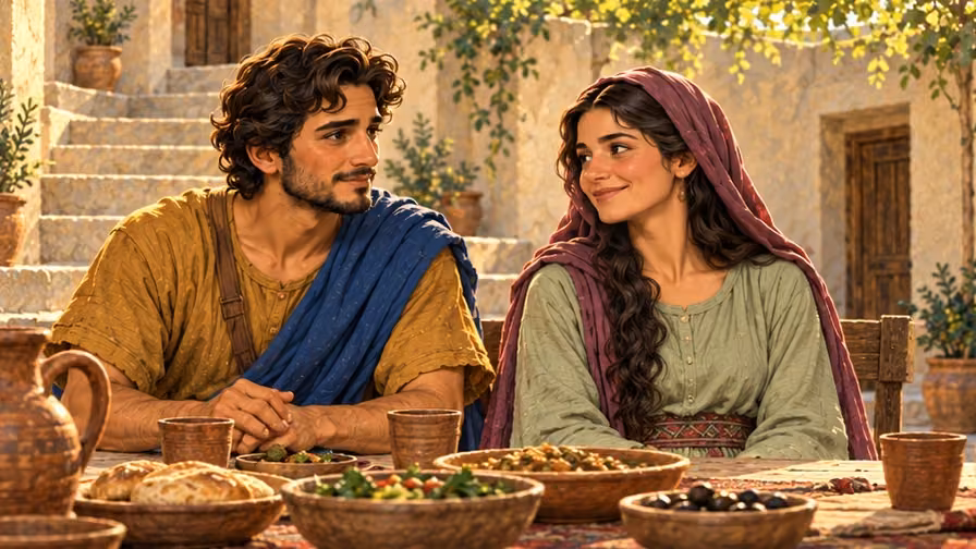 The couple sit peacefully at the wedding table in a contextual image for the brief blessing record.
